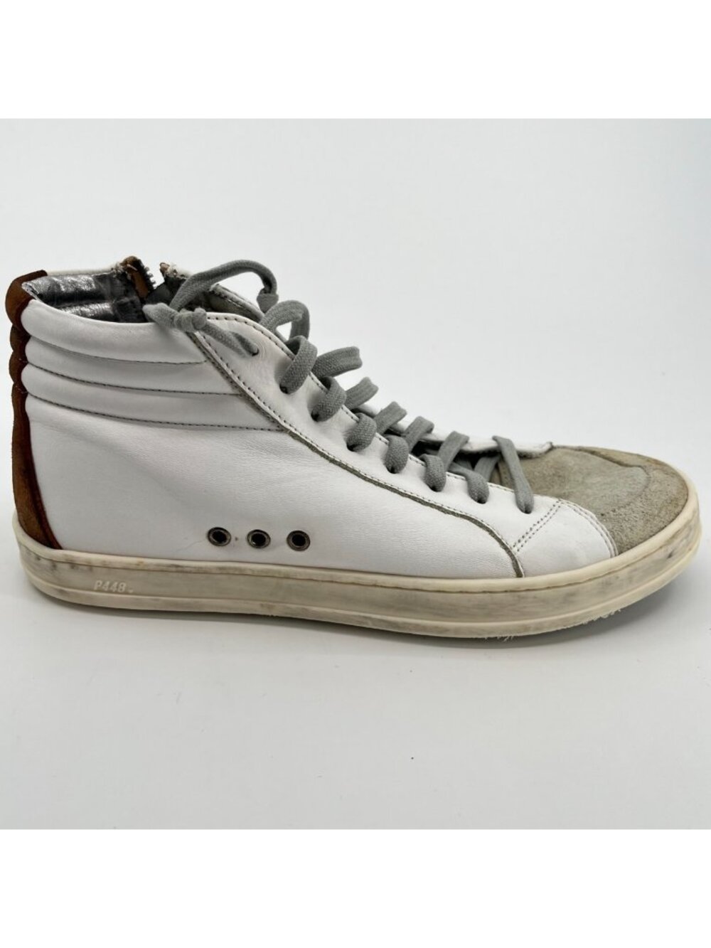 P448 Skate High Womens Size 7 White Brown Athletic Leather Skate Shoes Sneakers
